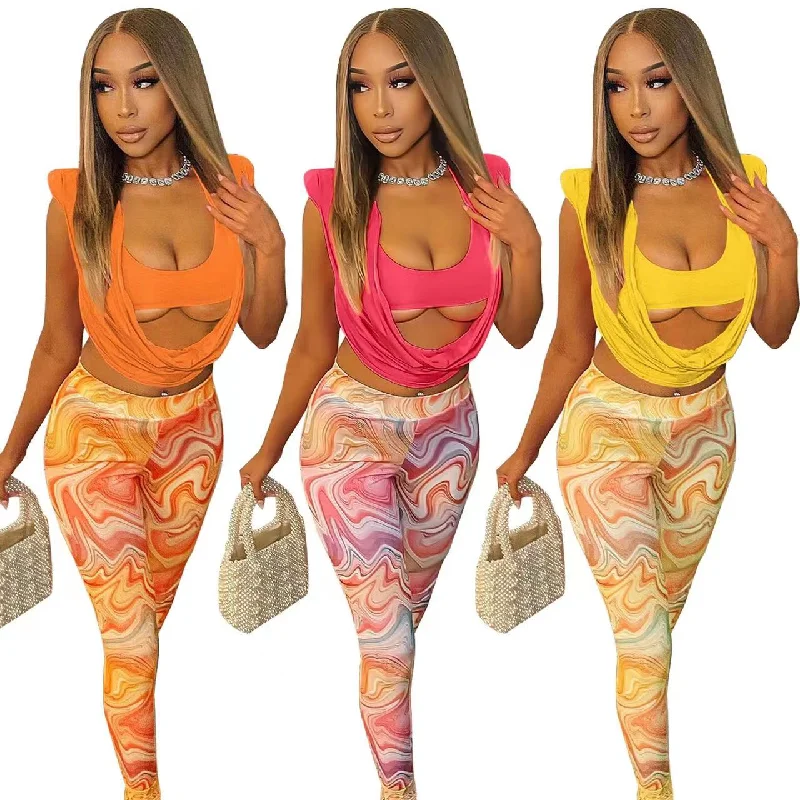 J&H 2023 new arrivals hot sale printed leggings women sexy blouse crop top two piece pants set chic club outfits Stretch Fit Pants