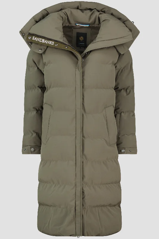 Women's Sandbanks Haven Khaki Long Puffer Jacket Stand-Up Collar Roll-Neck Collar Turtle Neck Women's Sandbanks Haven Khaki Long Puffer Jacket Stand-Up Collar Roll-Neck Collar Turtle Neck