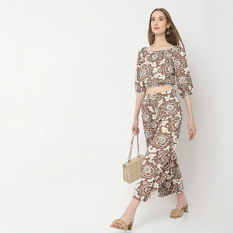 Straight Fit Printed Pants Trendy High-Waist Trousers