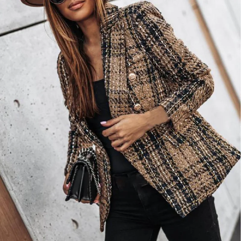 Thin Suit Lady Long-sleeved Blazer Casual Double-breasted Check Blazer Slim Fit Office Lady Elegant Chic Jacket Street Coat Satin Jacket Silk Jacket Chiffon Jacket
