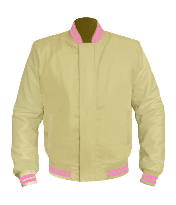 Original American Varsity Cream Leather Sleeve Letterman College Baseball Women Wool Jackets #CRSL-PKSTR-BZ Plaid Jacket Tartan Jacket Houndstooth Jacket
