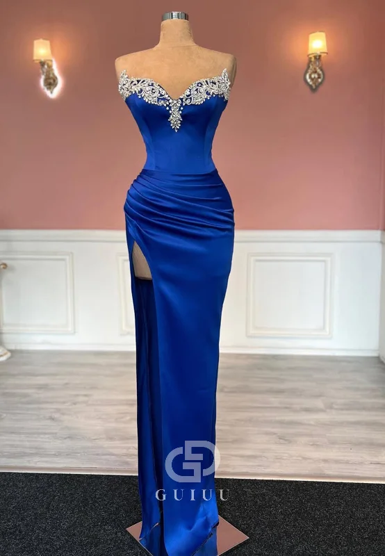Royal Blue Sleeveless Strapless Prom Dress with Beads Slit Evening Party Dress Tunics Long Elegant