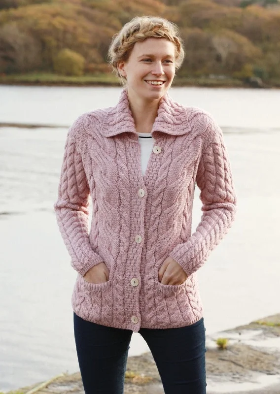 Belcarra Ladies Aran Cardigan | Pink Iron Safe Non-Iron Wrinkle Free