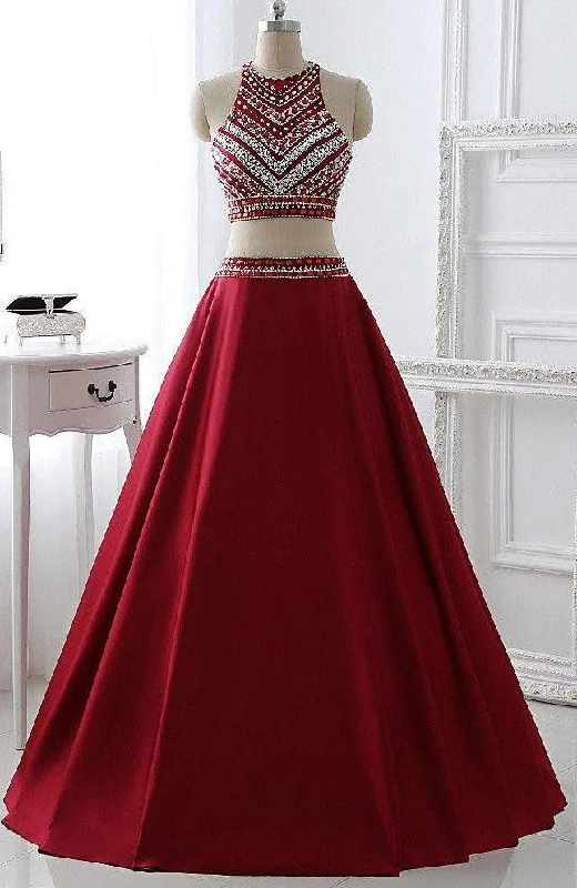 Two Pieces Burgundy Prom Dress Bridal Party Dresses PG 220 Boat Neckline Classic