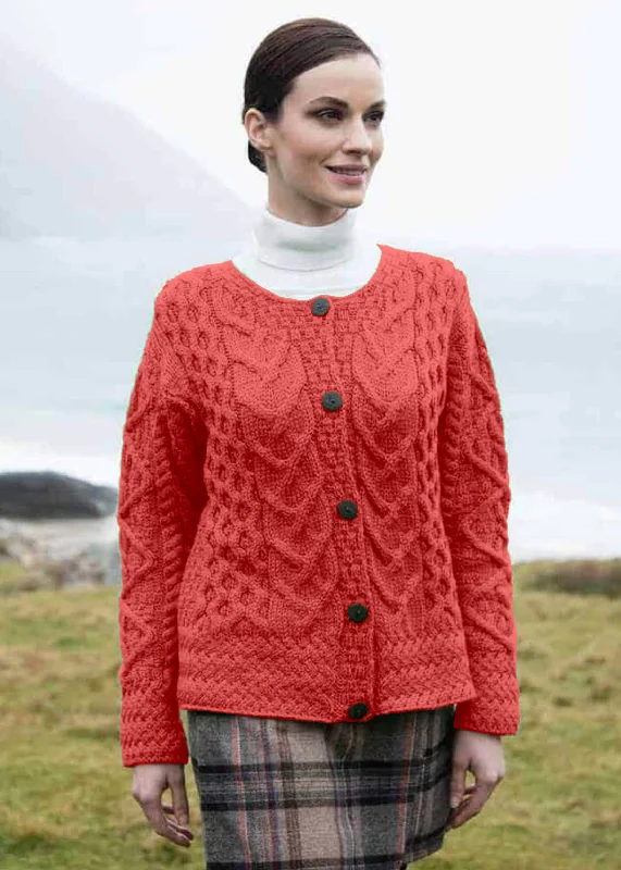 Aran Cable Knit Cardigan | Coral - Clearance Denim Fabric Leather Fabric Suede Fabric