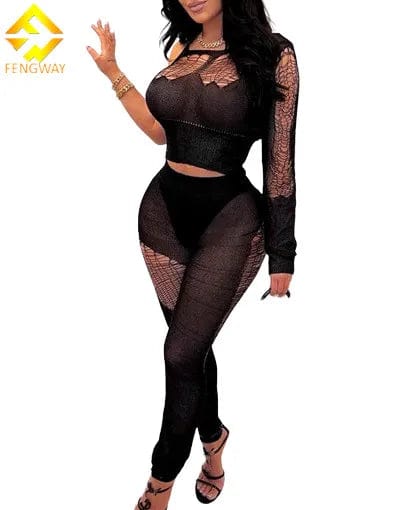 2024 Spring Knitted Black One Shoulder Long Sleeve Cut Out Sexy Crop Top Pants 2 Piece Sets Fashionable Jogger Pants