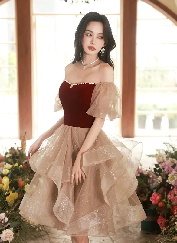 Cute Short Tulle and Velvet Beaded Party Dress, Short Homecoming Dress Prom Dress Tunics Bridal satin