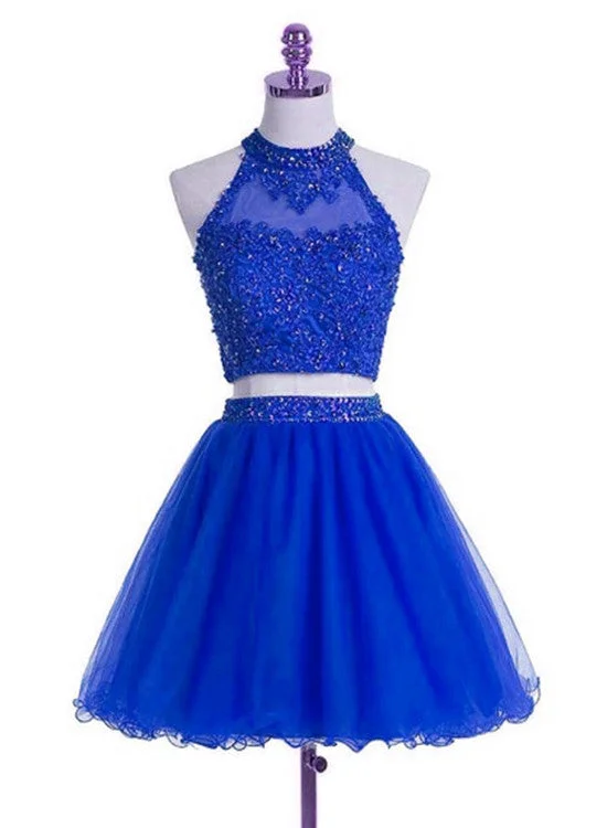 Royal Blue Two Piece Party Dress, High Quality Party Dress, Homecoming Dresses empire Waist empire