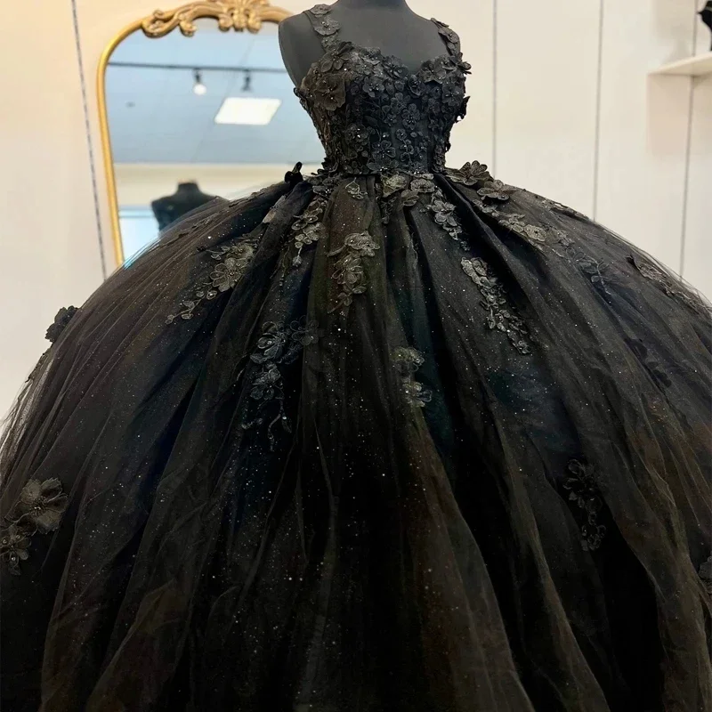 Black Shiny Quinceanera Dresses Applique Lace Tulle Beading Off The Shoulder Party Dress Lace Up Court Train Prom Ball Gown Tunics Chinos classic