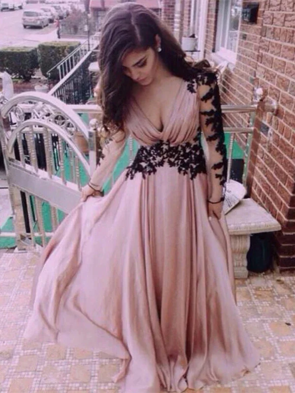 Custom Made Dusty Pink Deep V Neck Long Sleeves Lace Prom Dresses, Formal Dresses, Party Dresses Tunics Plaid country
