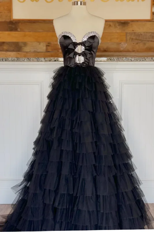 Black Sweetheart A-Line Tulle Tiered Beading Long Party Dress Evening Gown,DP1266 Tunics New arrival