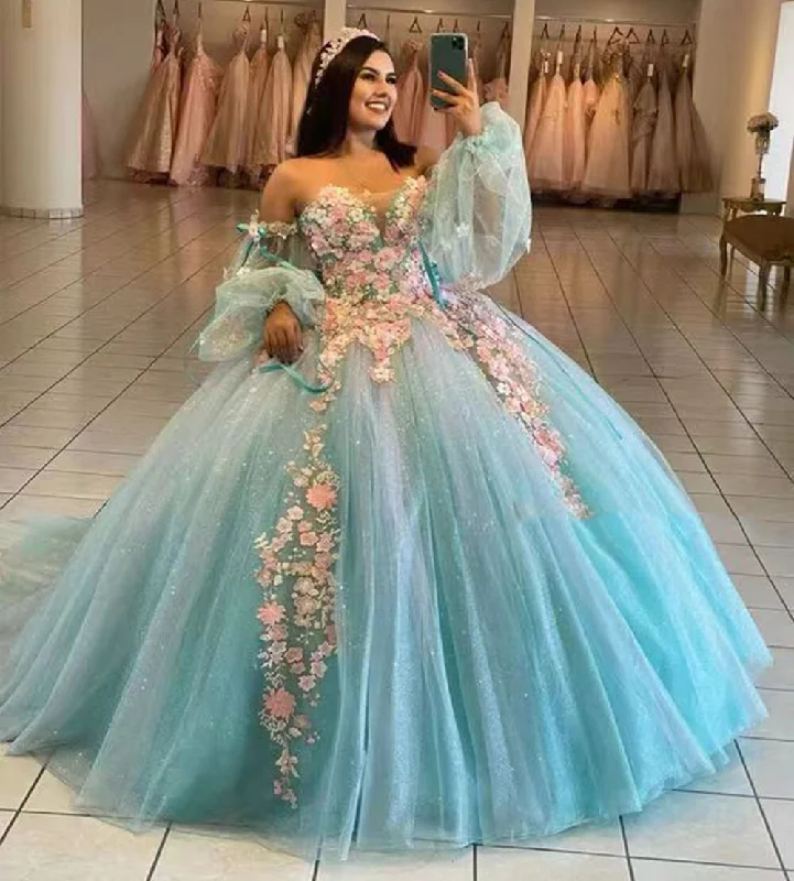 Glitter Sweetheart Princess Prom Party Dresses Quinceanera Dress 3D Flowers Ball Gown Sweet 15 16 Dress For Girls Tunics Trousers formal