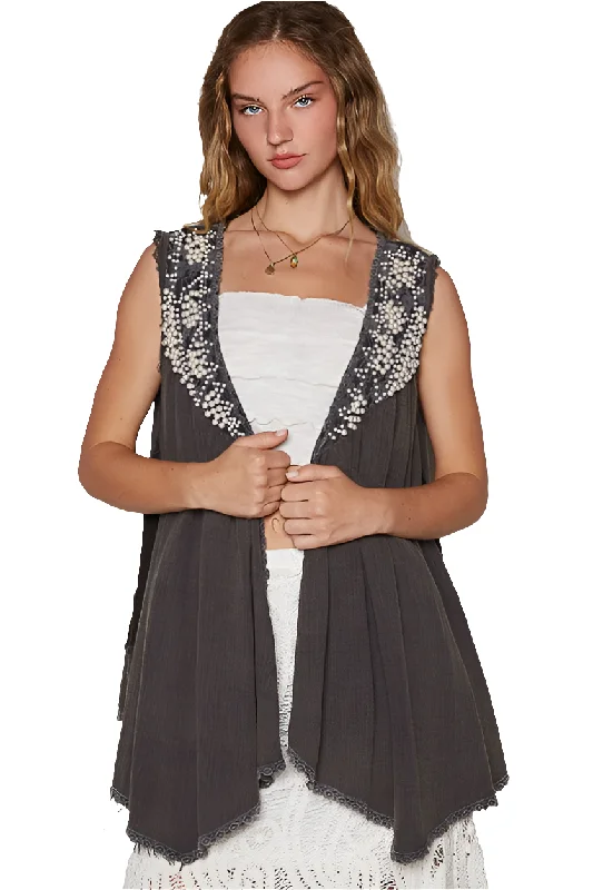 POL Lace Pearl Embroidered Patchwork Boho Vest Gauze Raw Hem Sleeveless Cardigan Charcoal Gray Zippered Buttoned Snapped