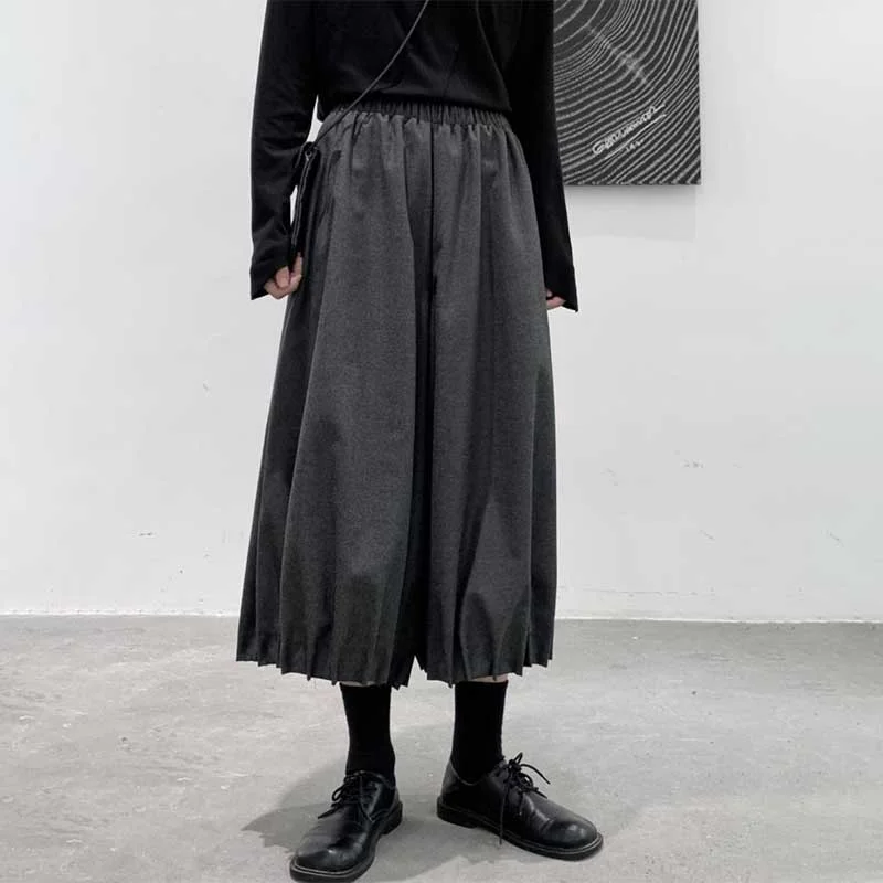 Cropped Wide Leg Pleated Pants Relaxed Fit Trousers