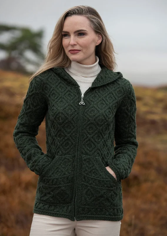 Skellig Aran Zip Cardigan With Hood | Green Jersey Fabric Tulle Fabric Batik Fabric