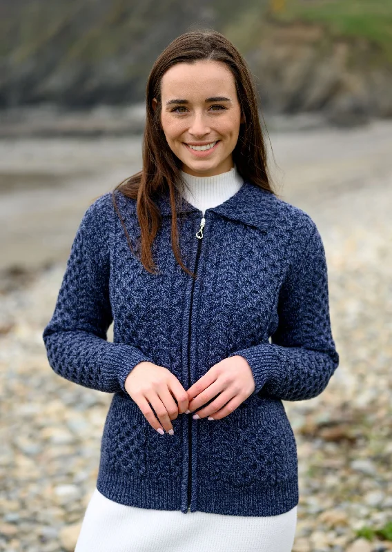 Aran Full Zip Cardigan | Denim Marl Hooded Cardigan Collared Cardigan Shawl Collar