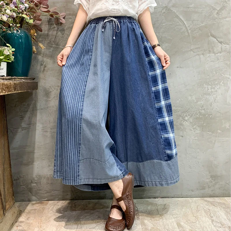 Color Block Denim Wide Leg Pants Casual Sweatpants Style