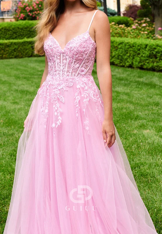 A-Line Spaghetti Straps V-Neck Prom Dress with Appliques Corset Party Dress A-Line Day Work