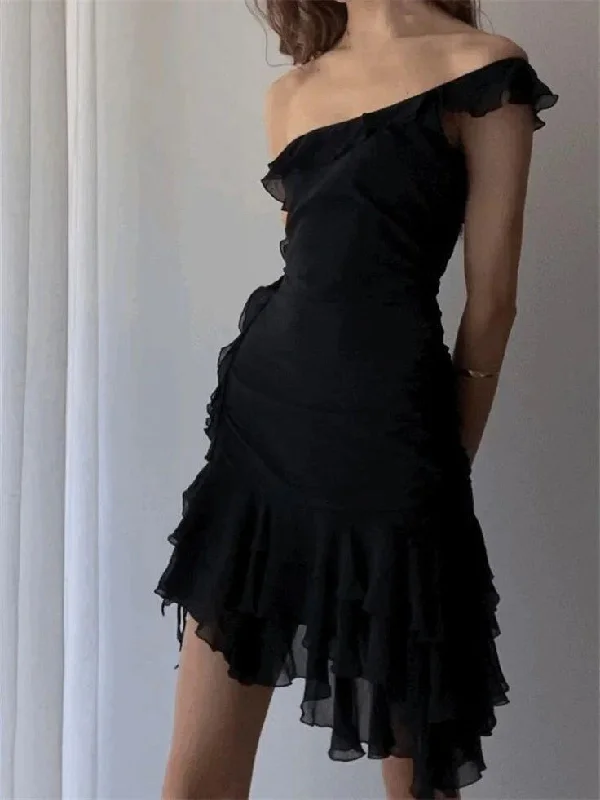 Black One Shoulder Sheath Ruffles Short Party Dress Hoco Dress, DP2994 Tunics Practical durable