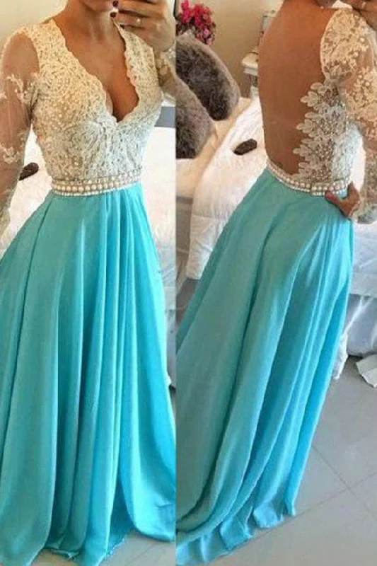 Long Sleeves Sexy V Neck Lace Blue Evening Party Dresses Prom Dress Tunics Brand named