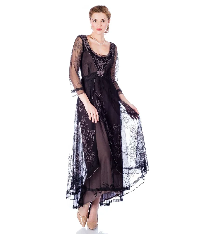 Nataya Black Embroidered Tulle Downton Abbey Edwardian Tea Party Dress Tunics Chic elegant