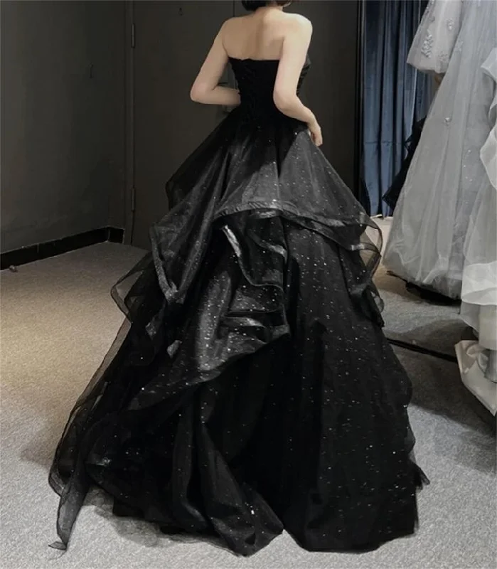 Black Shiny Sweetheart Strapless A-Line Long Party Dress Evening Gown,DP1861 Tunics Modern contemporary