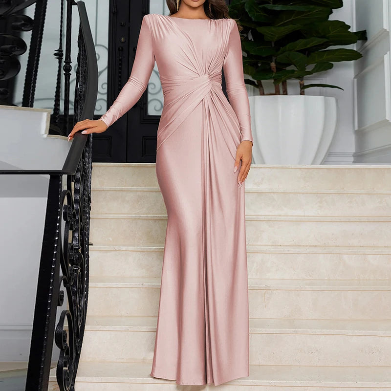 Cinessd Elegant 2024 Solid Color O-neck Evening Gala Dress Women Chic Draped Twist Waist Party Dress New Female Full Length Maxi Dress Tunics Fashionable trendy