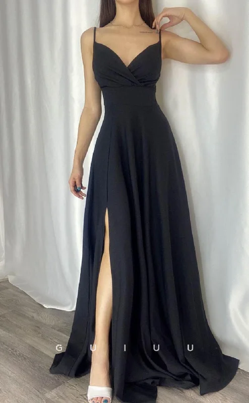 G3555 - Simple & Casual A-Line Straps V-Neck Side Slit Draped Floor-Length Party Dress Tunics Office stylish