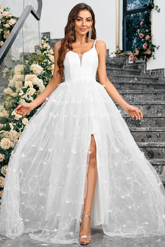White A-Line Spaghetti Straps Appliques Tulle Long Wedding Party Dress with Slit Tunics Vintage classic