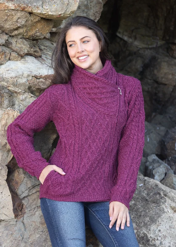 Claddagh Side Zip Aran Cardigan | Raspberry Boxy Cardigan Fitted Cardigan A-Line