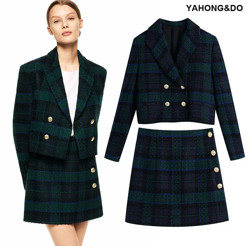 Women Casual Two Pc Sets 2022 Za Green Plaid Print Long Sleeve Jacket +sexy Skirt Suits Herringbone Jacket Checkered Jacket Solid Jacket