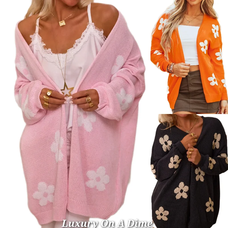 Retro Daisy Flower Color Contrasting Knit Open Front Long Sleeve Cardigan 70s Floral Stylish Fashionable Trendy