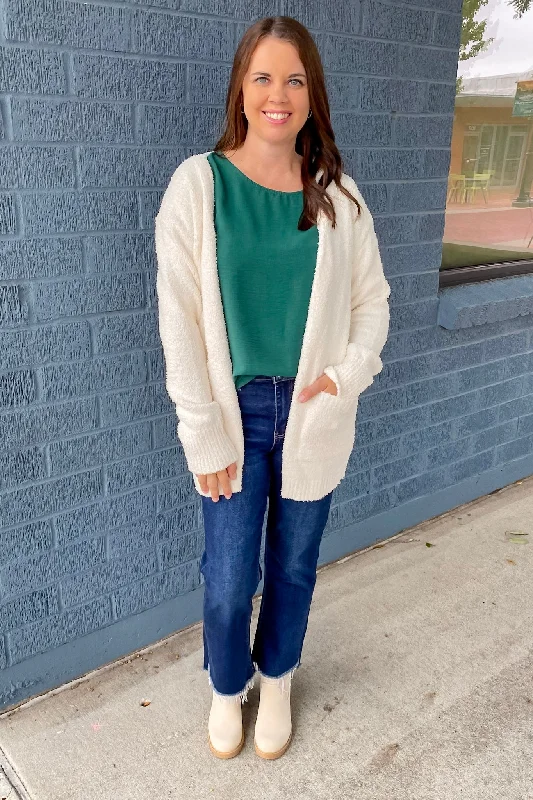 Calm and Cozy Open Front Ivory Cardigan Toggled Drawstring Belted
