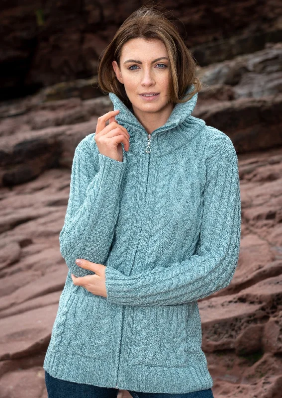 Aran Claddagh Zip Cardigan | Aqua Hooded Caped Shawl Collar