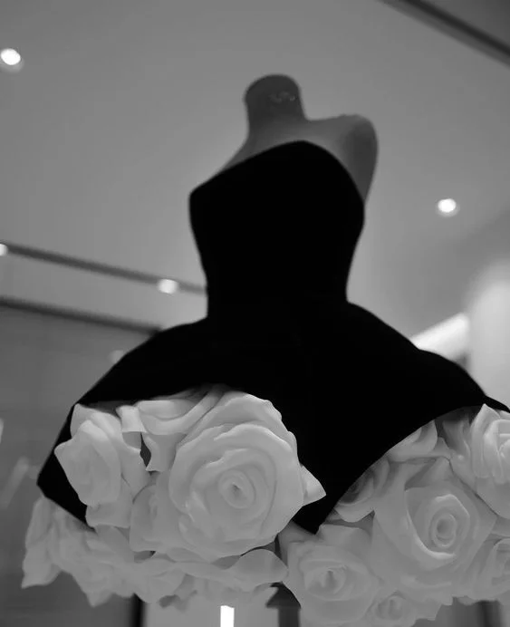 Black Strapless A-Line 3D Flower Mini Evening Party Dress, DP2813 Chiffon Maxi Beach