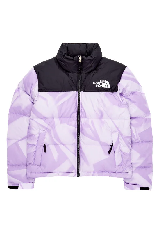 The North Face Women’s 1996 Retro Nuptse Jacket - Icy Lilac Garment Fold Print Zippered Front Buttoned Front Snap Front The North Face Women’s 1996 Retro Nuptse Jacket - Icy Lilac Garment Fold Print Zippered Front Buttoned Front Snap Front