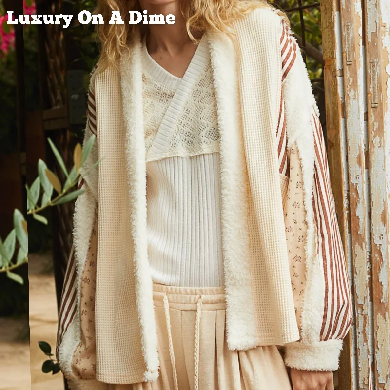 POL Fleece Patchwork Waffle Knit Raw Exposed Seam Floral Stripe Boho Cardigan Zippered Buttoned Snapped POL Fleece Patchwork Waffle Knit Raw Exposed Seam Floral Stripe Boho Cardigan Zippered Buttoned Snapped