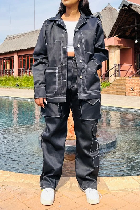 Casual Pockets Front Drop Shoulder Jacket Front Pockets Side Pockets Patch Pockets