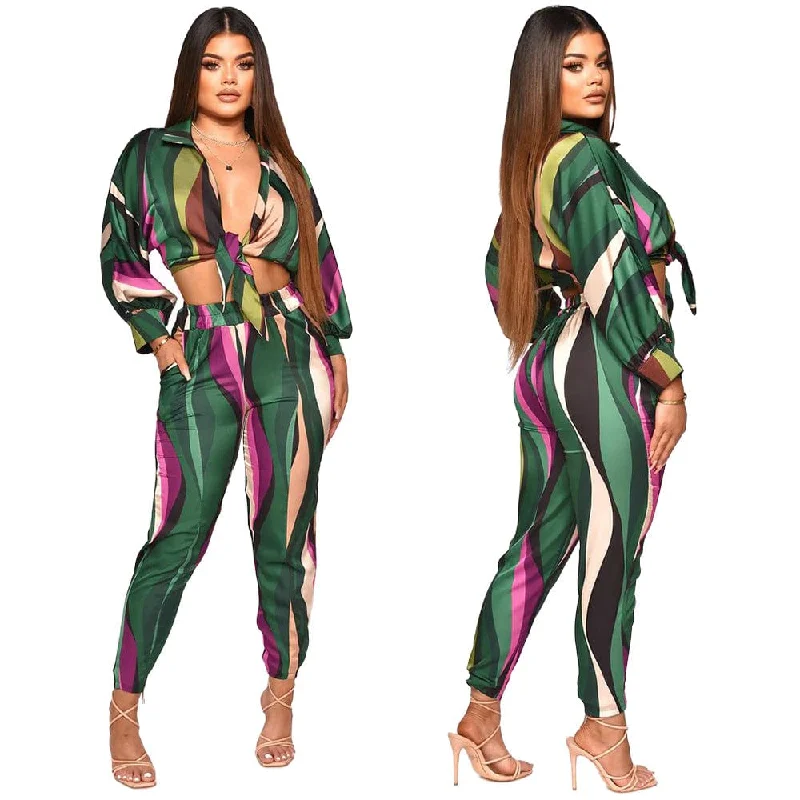 C1102TA92 High Quality Sexy Lace Up Crop Top Print Bodycon 2 Piece Pants Set Women Sehe Fashion Comfortable Pleated Pants