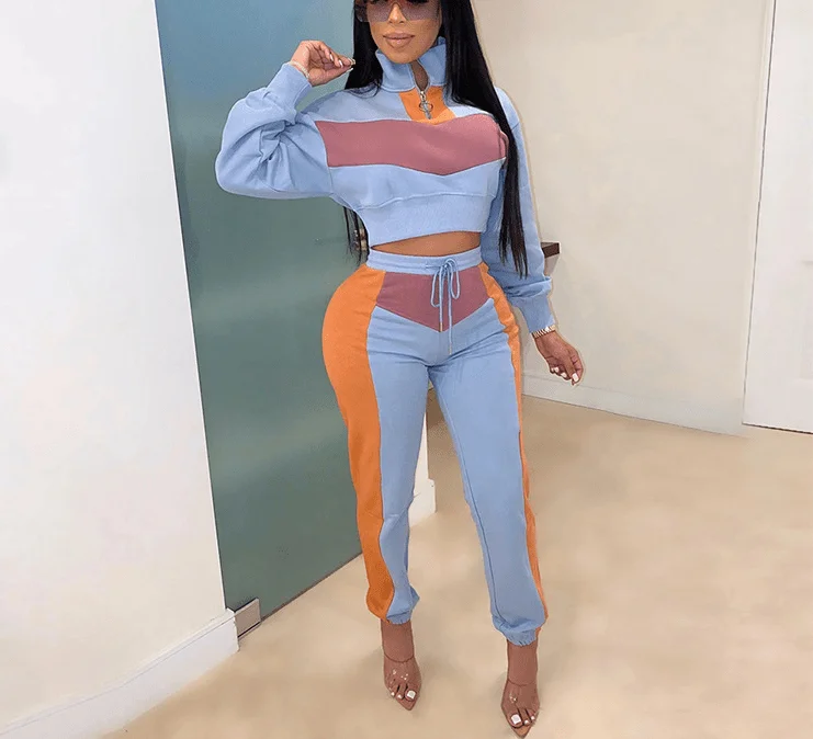 Winter Clothing Long Sleeve Crop Top Stand Collar Women's Patchwork set Trendy Two Piece Pants Set Tracksuit Set Comfy Cargo Trousers