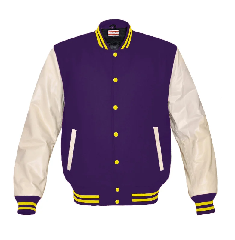 Superb Genuine Cream Leather Sleeve Letterman College Varsity Women Wool Jackets #CRSL-YSTR-YB Tailored Jacket Straight Jacket A-Line Jacket