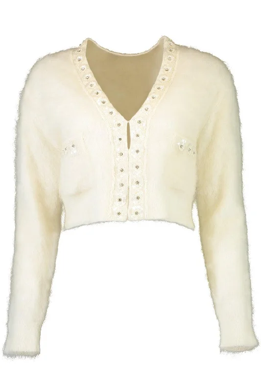 Cropped Cardigan - White Knit Fabric Woven Fabric Fleece Fabric