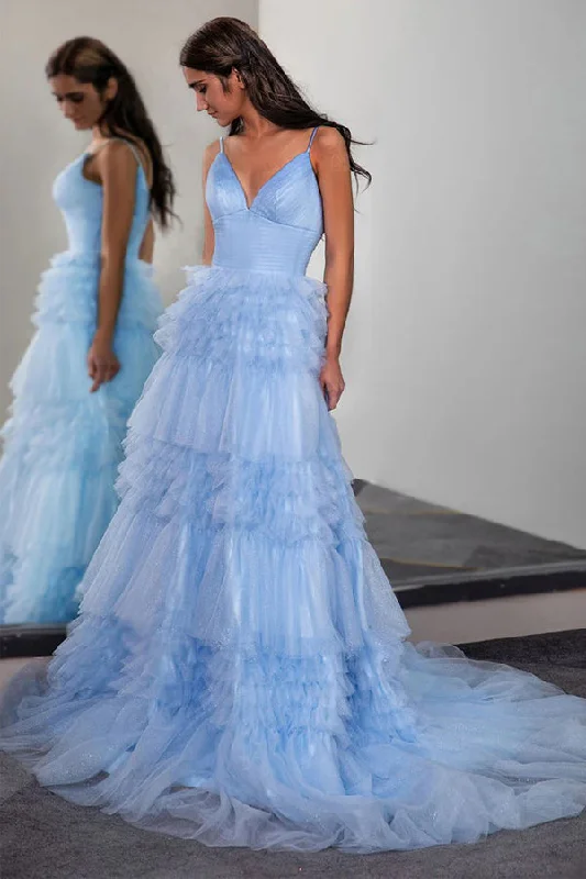 Sparkly Light Blue Tiered Tulle Long Prom Dress Party Dress PSK674 Tunics Long Elegant