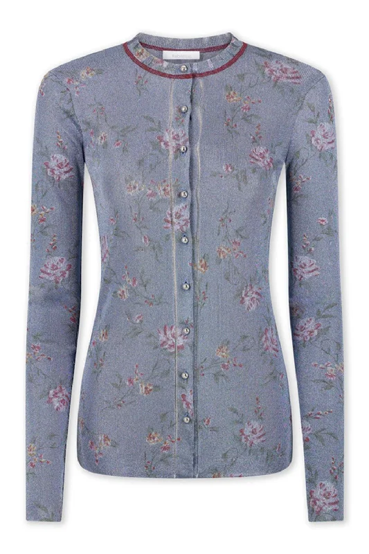 FLORAL CREWNECK CARDIGAN Mesh Fabric Canvas Fabric Denim Fabric