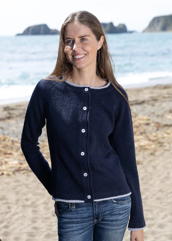 IrelandsEye Women's Killiney Cardigan | Navy Boat Neck Shawl Collar Notched Collar