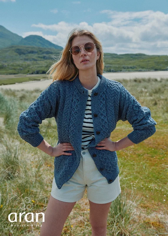 Achill Island Ladies Aran Cardigan | Denim Polka Dot Checkered Tartan