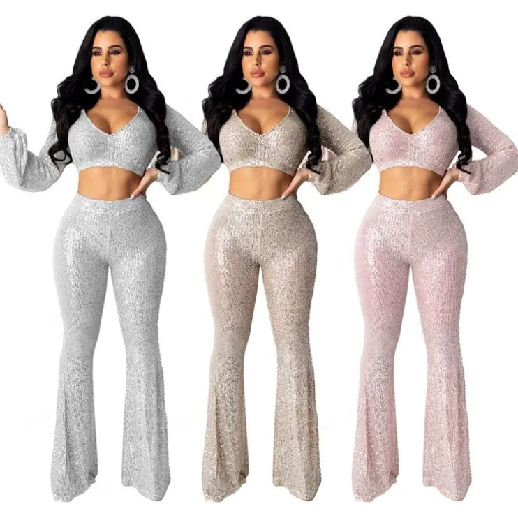 9S03879 popular sexy crop top flared pants sequin Clothing Two Pieces Outfits For Women Warm Wool Trousers