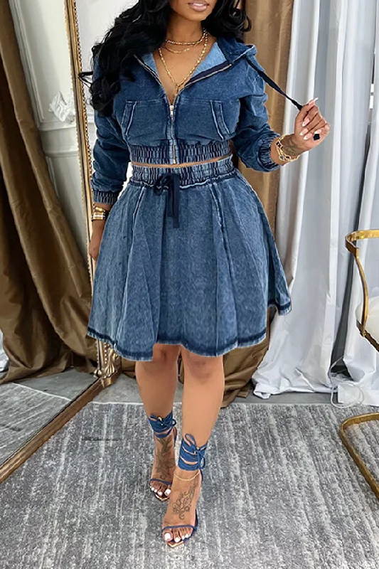 Casual Hooded Denim Jacket & Skirt Set Insulated Jacket Fitted Jacket Loose Jacket