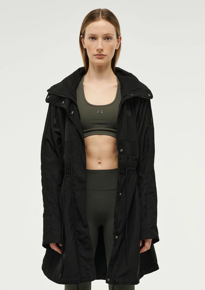 Women's P.E Nation Black Mid Length Man Down Jacket Denim Fabric Leather Fabric Suede Fabric