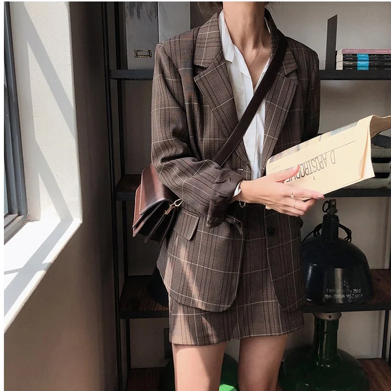2022 Autumn Vintage Two-piece Plaid Blazer Suits Women Single-breasted Jacket & Pencil Skirt Women Skirt Suit Casual Blazer Sets Denim Fabric Leather Fabric Suede Fabric 2022 Autumn Vintage Two-piece Plaid Blazer Suits Women Single-breasted Jacket & Pencil Skirt Women Skirt Suit Casual Blazer Sets Denim Fabric Leather Fabric Suede Fabric